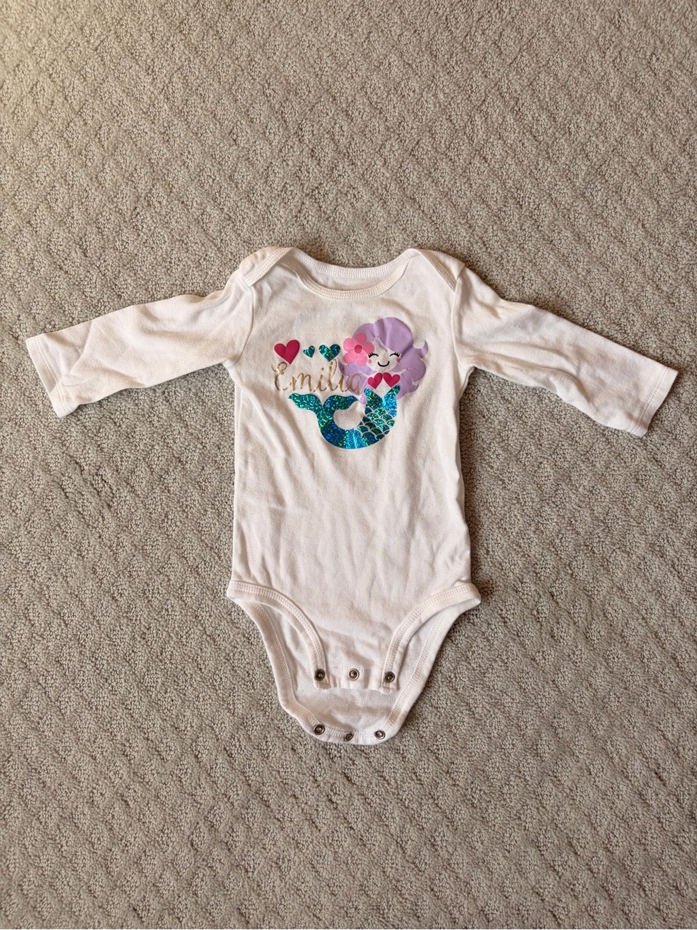 White Long-Sleeve Baby One-Piece with Sparkle Mermaid